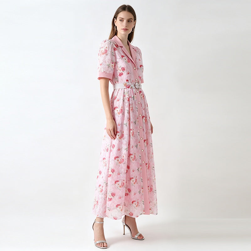 CM-DY072502 Women Elegant European Style Lace Floral Collar Neckline Short Sleeve Maxi Dress - Pink