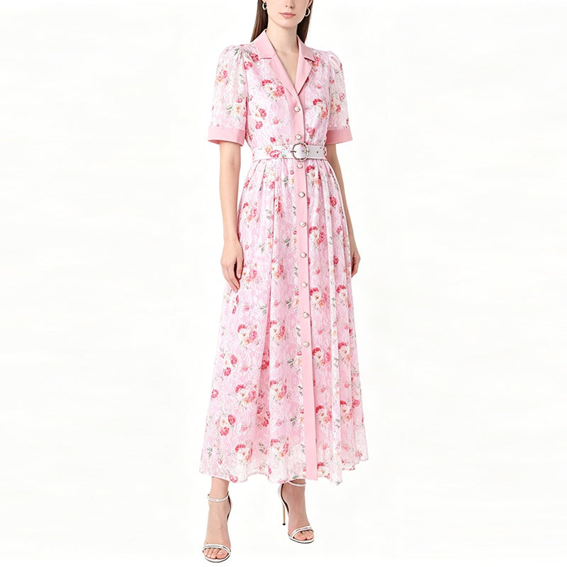 CM-DY072502 Women Elegant European Style Lace Floral Collar Neckline Short Sleeve Maxi Dress - Pink