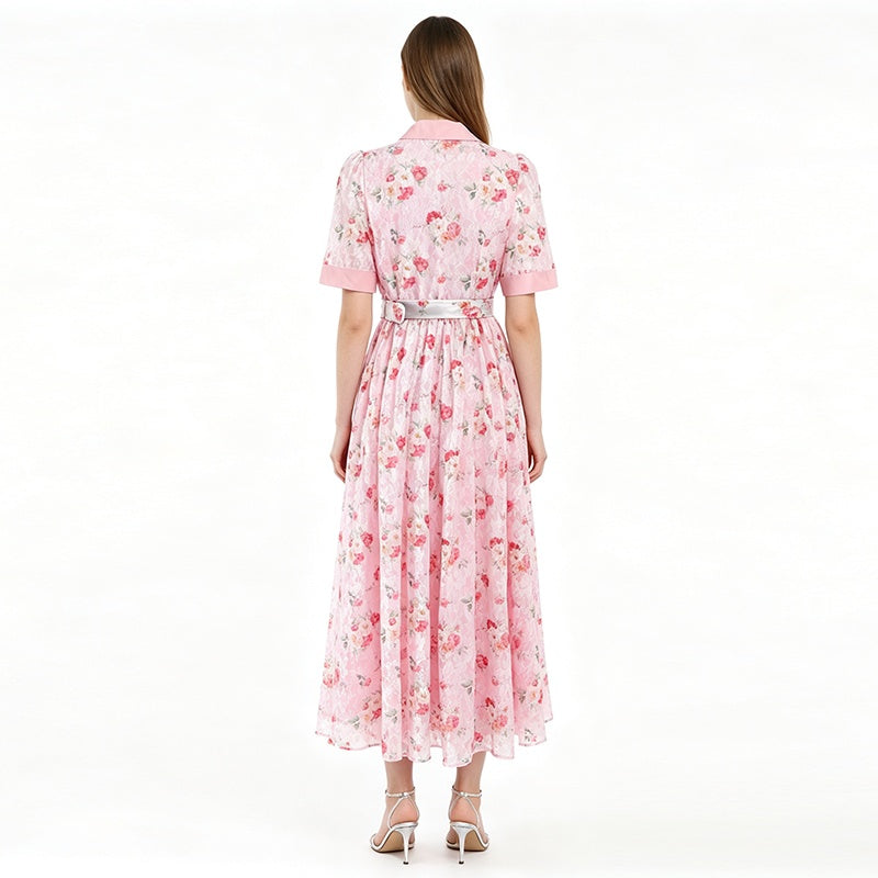 CM-DY072502 Women Elegant European Style Lace Floral Collar Neckline Short Sleeve Maxi Dress - Pink