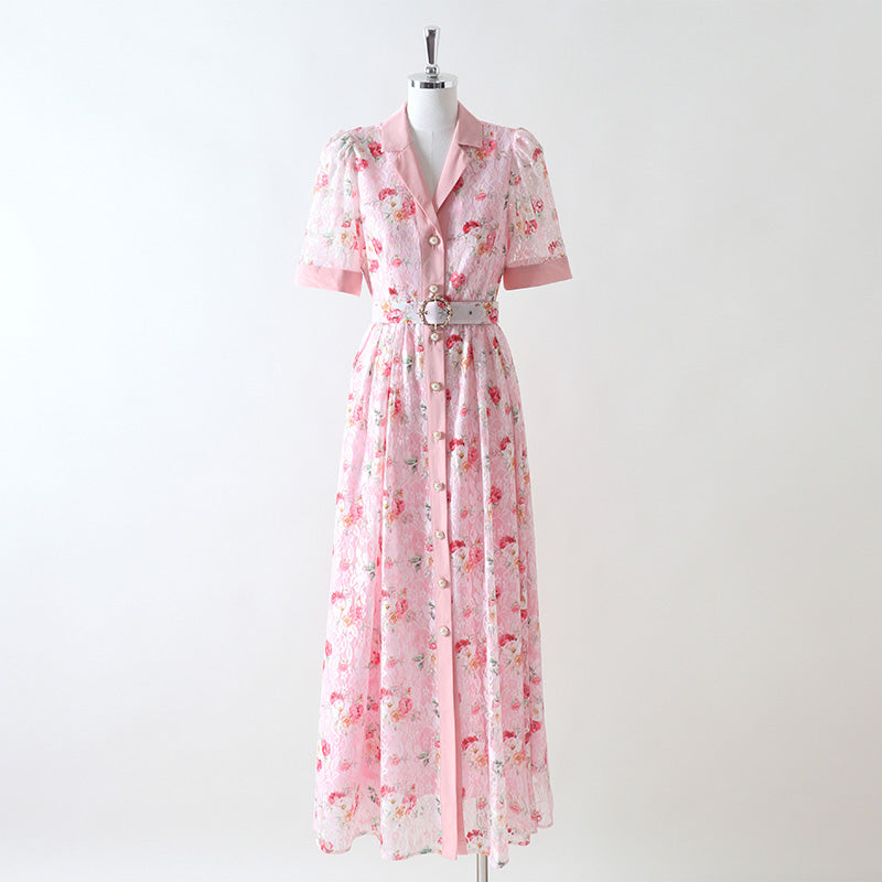 CM-DY072502 Women Elegant European Style Lace Floral Collar Neckline Short Sleeve Maxi Dress - Pink