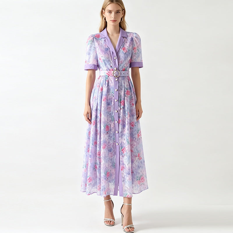 CM-DY072503 Women Elegant European Style Lace Floral Collar Neckline Short Sleeve Maxi Dress - Purple