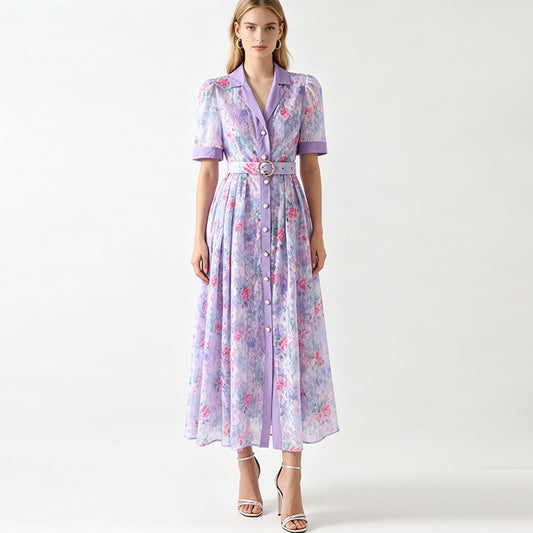 CM-DY072503 Women Elegant European Style Lace Floral Collar Neckline Short Sleeve Maxi Dress - Purple