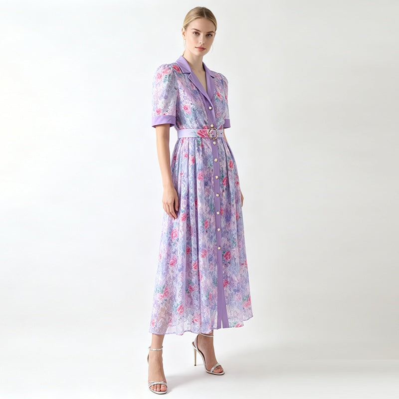 CM-DY072503 Women Elegant European Style Lace Floral Collar Neckline Short Sleeve Maxi Dress - Purple