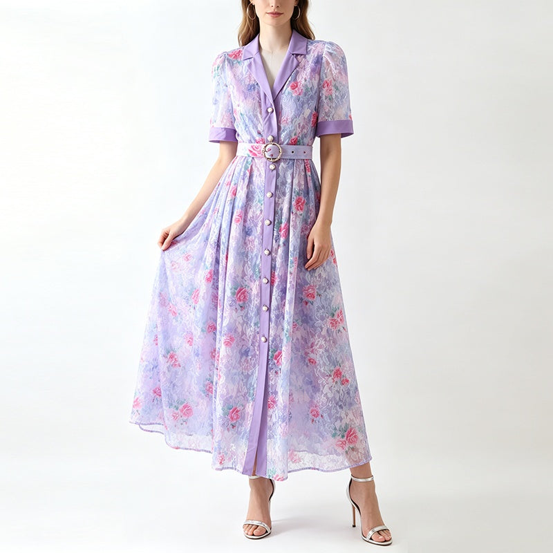 CM-DY072503 Women Elegant European Style Lace Floral Collar Neckline Short Sleeve Maxi Dress - Purple