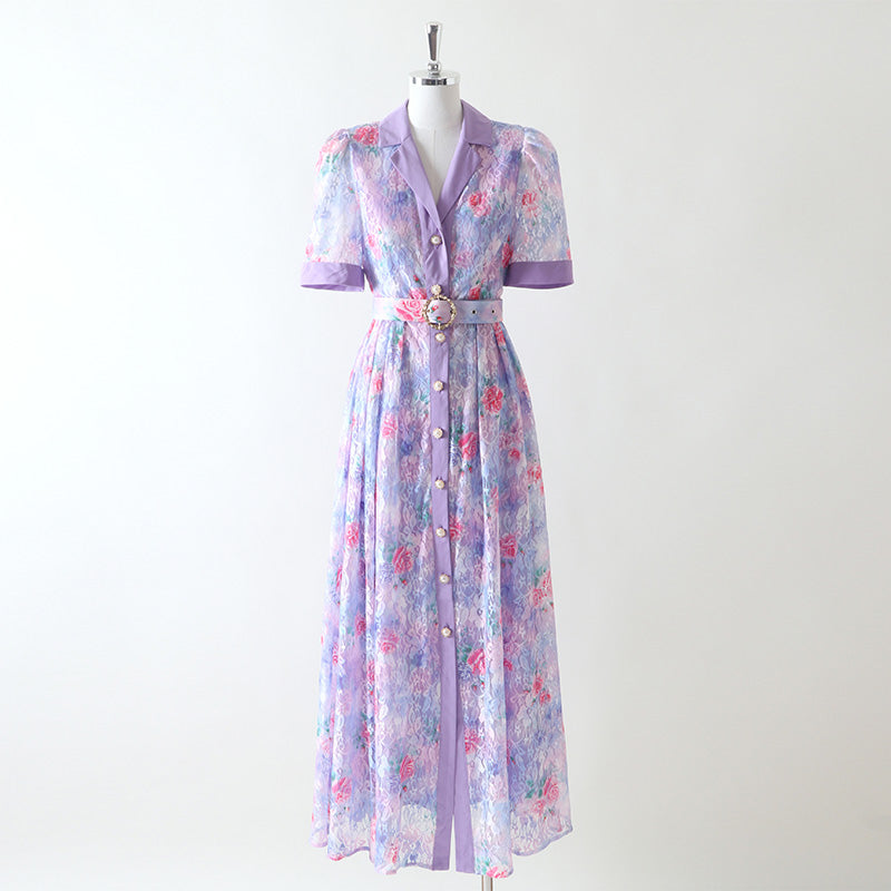 CM-DY072503 Women Elegant European Style Lace Floral Collar Neckline Short Sleeve Maxi Dress - Purple