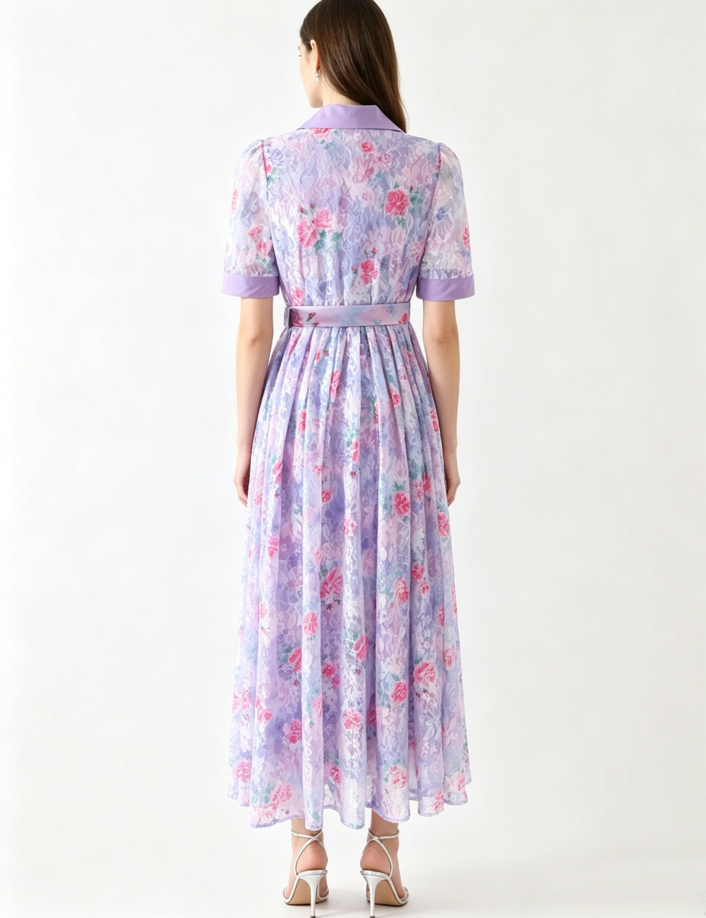 CM-DY072503 Women Elegant European Style Lace Floral Collar Neckline Short Sleeve Maxi Dress - Purple