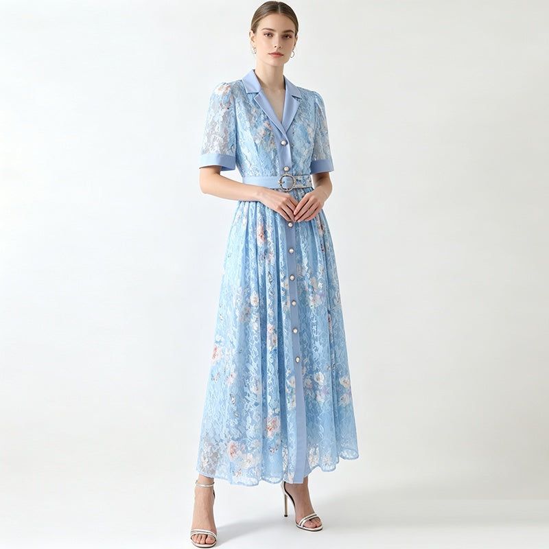 CM-DY072504 Women Elegant European Style Lace Floral Collar Neckline Short Sleeve Maxi Dress - Light Blue