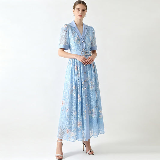 CM-DY072504 Women Elegant European Style Lace Floral Collar Neckline Short Sleeve Maxi Dress - Light Blue