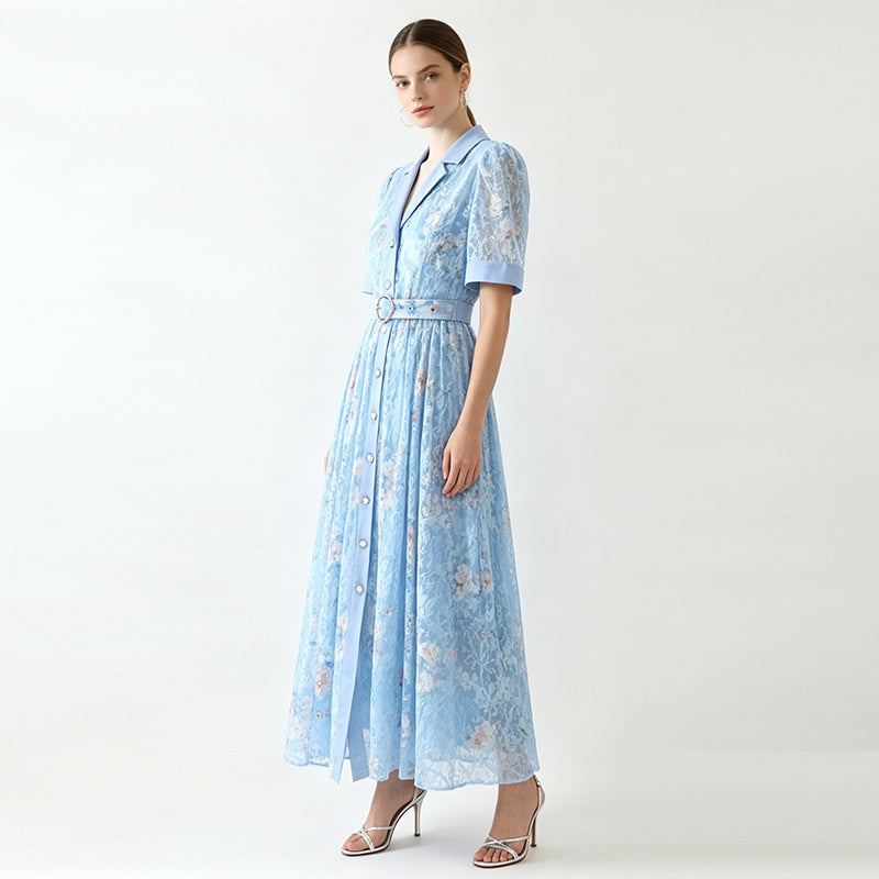 CM-DY072504 Women Elegant European Style Lace Floral Collar Neckline Short Sleeve Maxi Dress - Light Blue