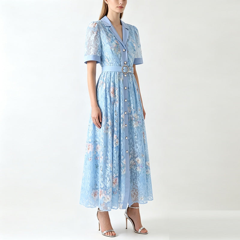 CM-DY072504 Women Elegant European Style Lace Floral Collar Neckline Short Sleeve Maxi Dress - Light Blue