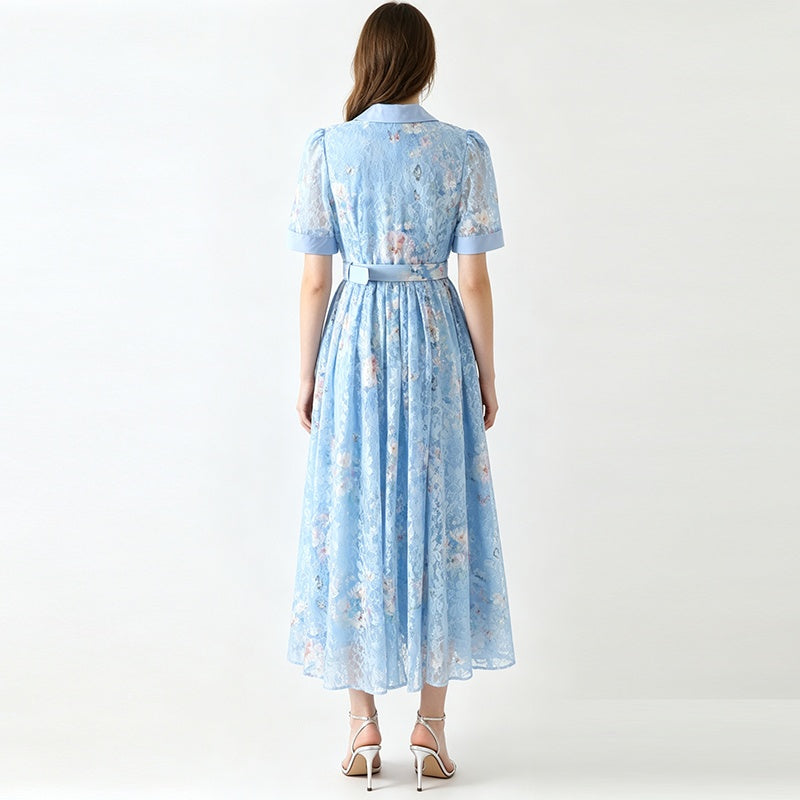 CM-DY072504 Women Elegant European Style Lace Floral Collar Neckline Short Sleeve Maxi Dress - Light Blue
