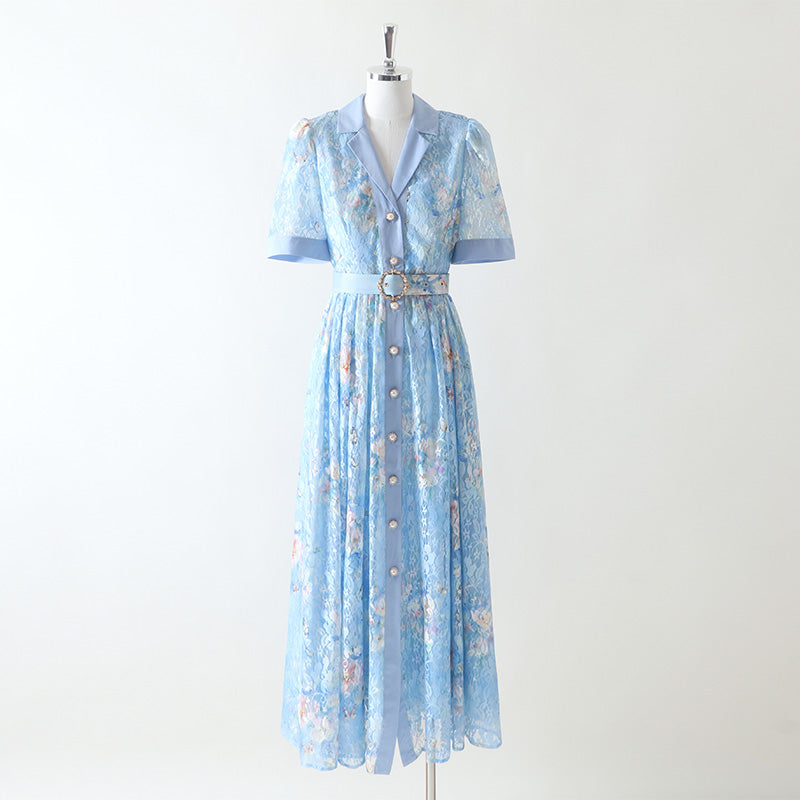CM-DY072504 Women Elegant European Style Lace Floral Collar Neckline Short Sleeve Maxi Dress - Light Blue