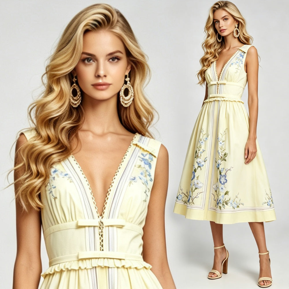 CM-DY072888 Women Elegant European Style Bow Deep V-Neck Sleeveless Pinched Waist A-Line Dress - Yellow