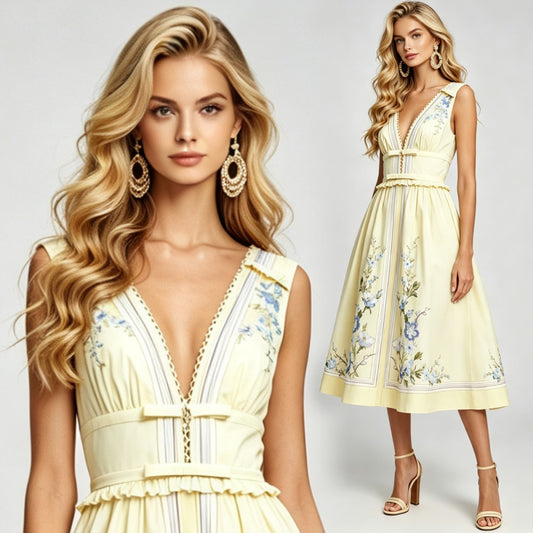 CM-DY072888 Women Elegant European Style Bow Deep V-Neck Sleeveless Pinched Waist A-Line Dress - Yellow
