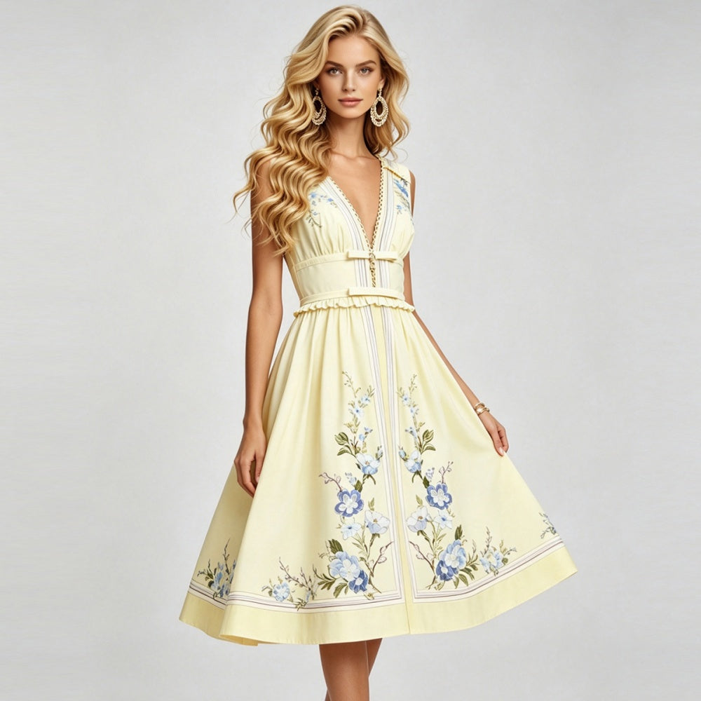 CM-DY072888 Women Elegant European Style Bow Deep V-Neck Sleeveless Pinched Waist A-Line Dress - Yellow