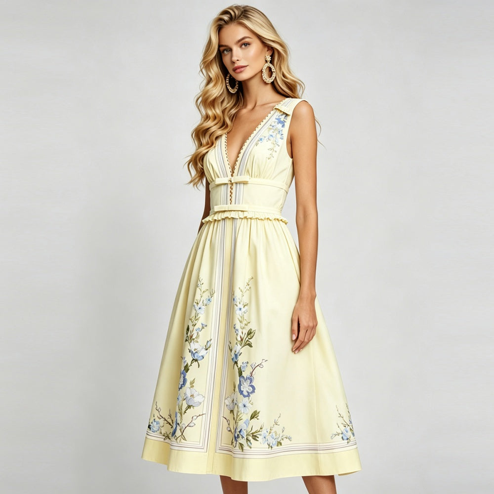 CM-DY072888 Women Elegant European Style Bow Deep V-Neck Sleeveless Pinched Waist A-Line Dress - Yellow