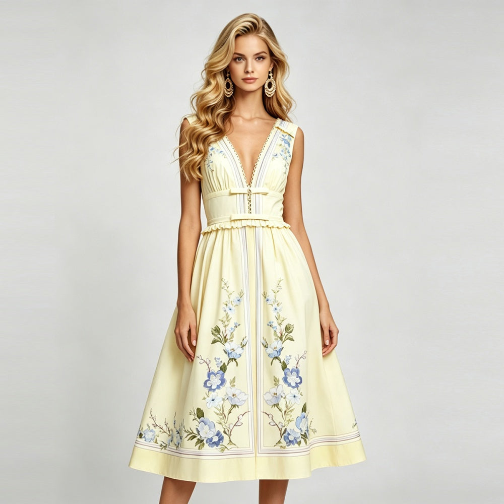 CM-DY072888 Women Elegant European Style Bow Deep V-Neck Sleeveless Pinched Waist A-Line Dress - Yellow