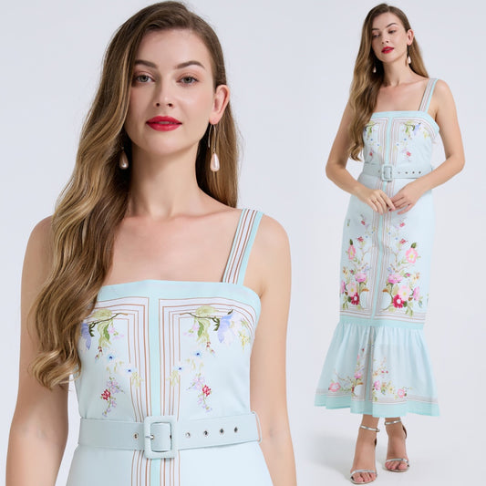CM-DY072889 Women Elegant European Style Floral Print Strap Sleeveless Mid-Length Dress