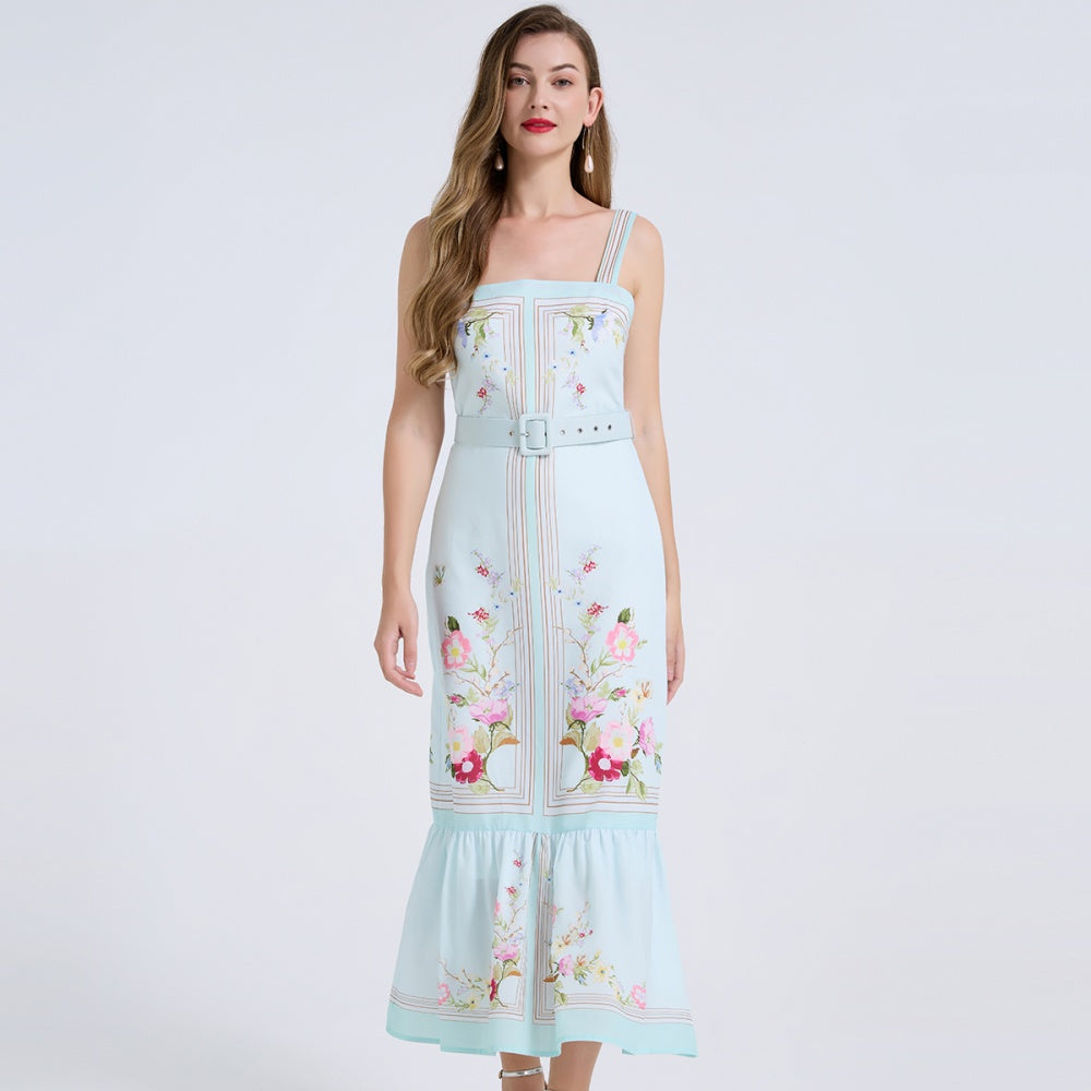 CM-DY072889 Women Elegant European Style Floral Print Strap Sleeveless Mid-Length Dress