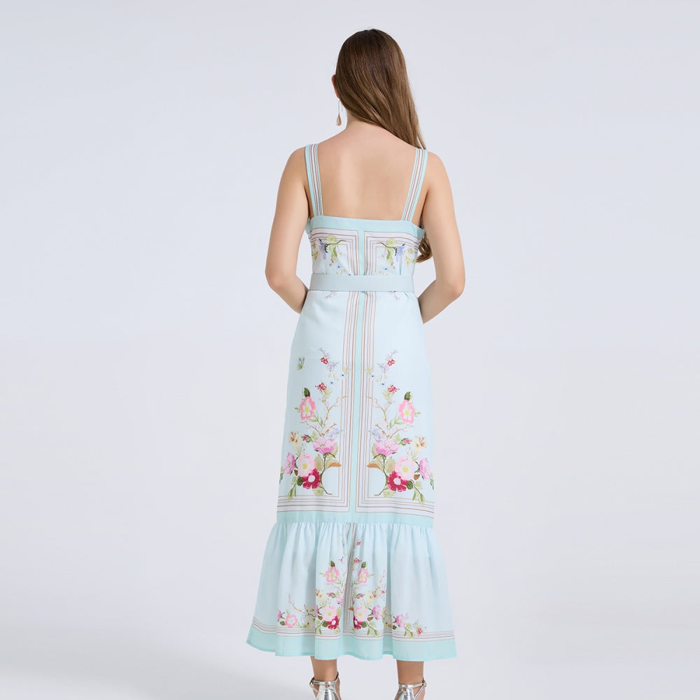 CM-DY072889 Women Elegant European Style Floral Print Strap Sleeveless Mid-Length Dress
