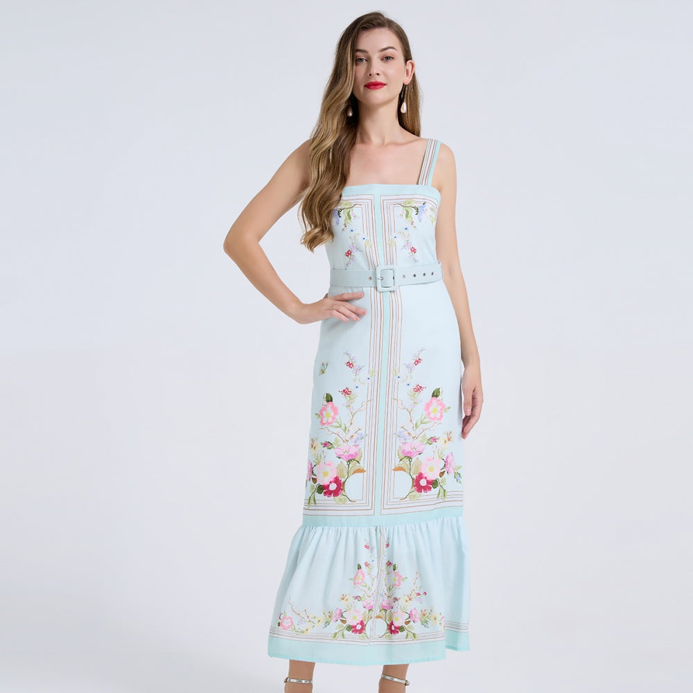 CM-DY072889 Women Elegant European Style Floral Print Strap Sleeveless Mid-Length Dress