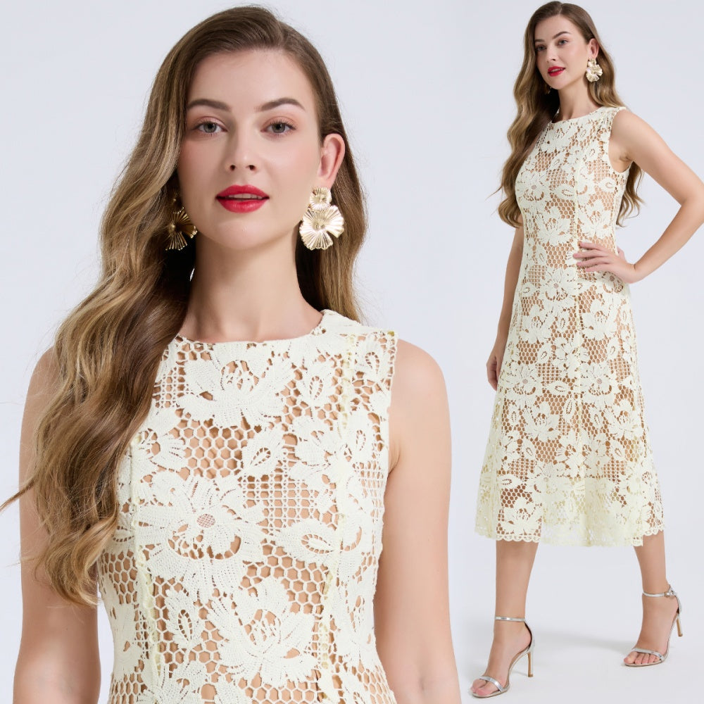 CM-DY072891 Women Elegant European Style Round Neck Sleeveless Pinched Waist Slim Midi Dress - Yellow