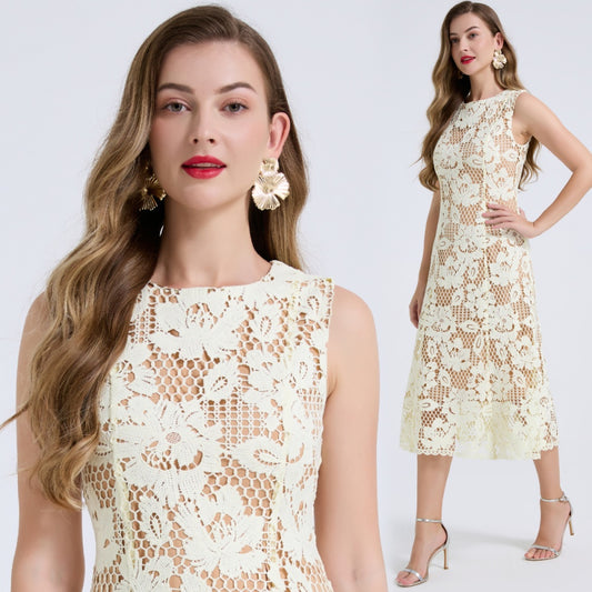 CM-DY072891 Women Elegant European Style Round Neck Sleeveless Pinched Waist Slim Midi Dress - Yellow