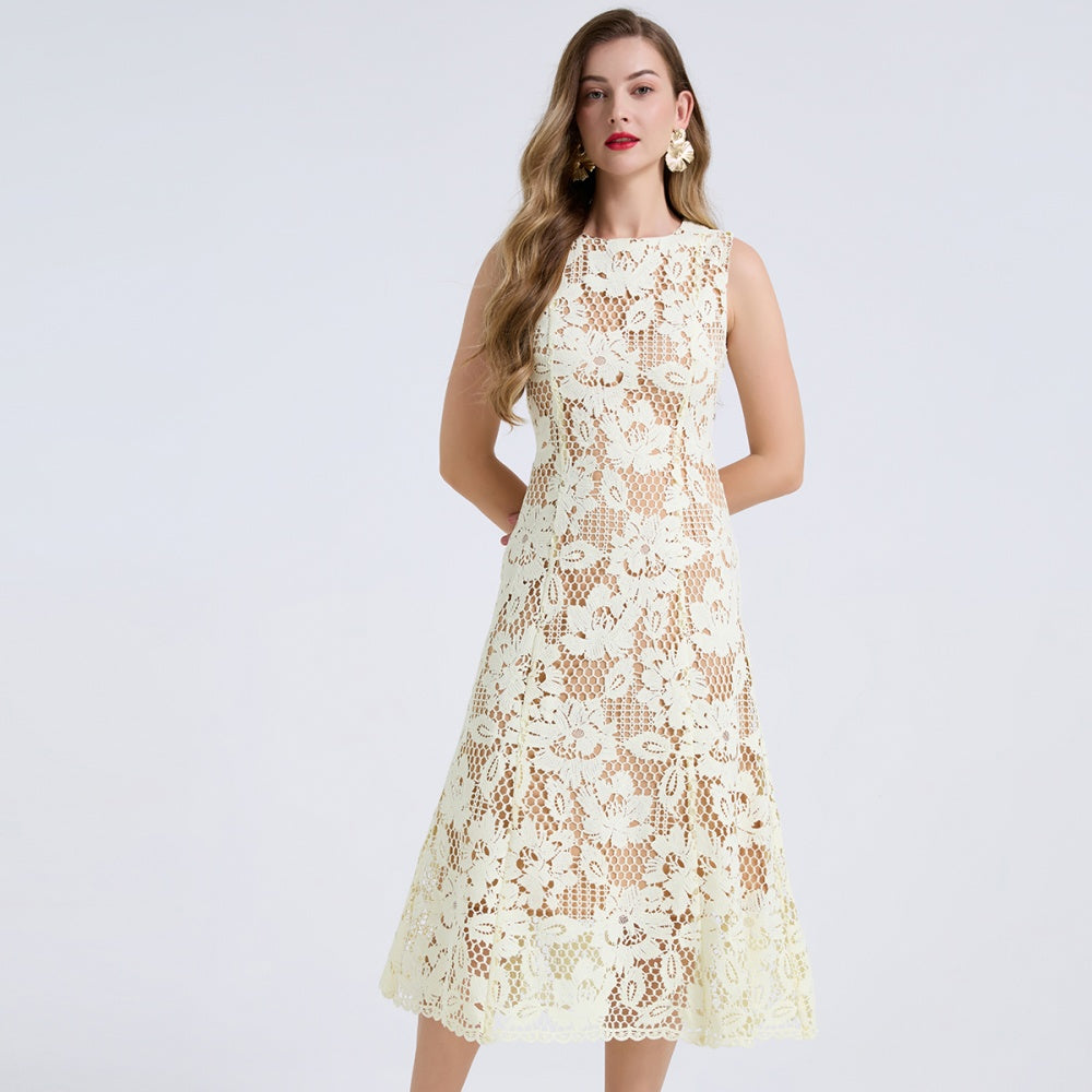 CM-DY072891 Women Elegant European Style Round Neck Sleeveless Pinched Waist Slim Midi Dress - Yellow
