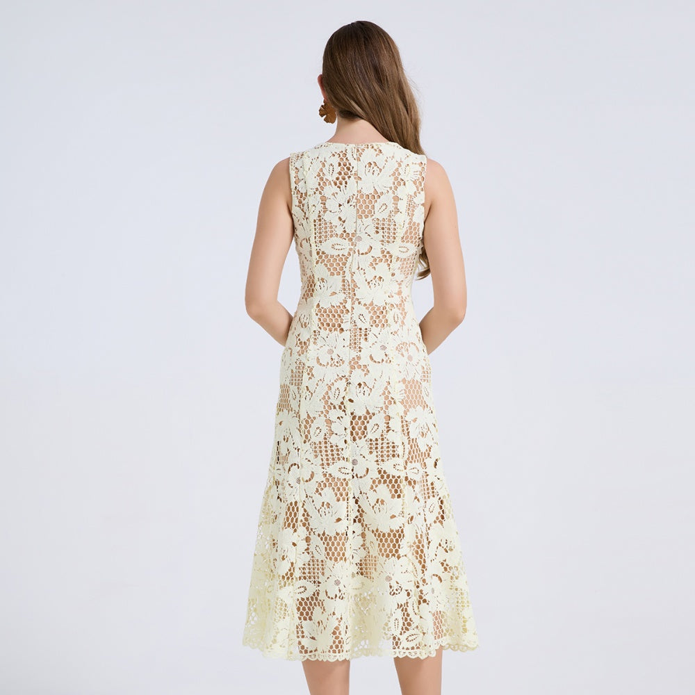 CM-DY072891 Women Elegant European Style Round Neck Sleeveless Pinched Waist Slim Midi Dress - Yellow