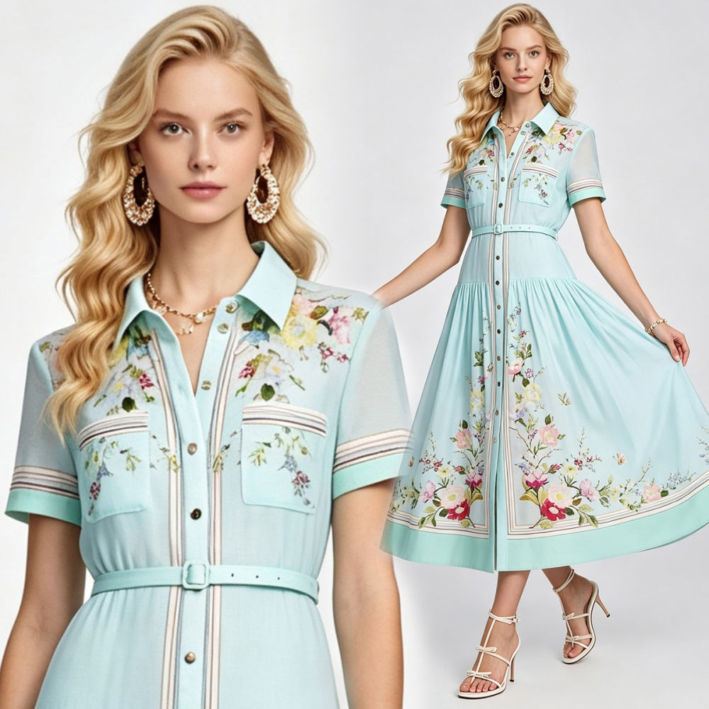 CM-DY072893 Women Elegant European Style Collar Neckline Short Sleeve High Waist A-Line Midi Dress