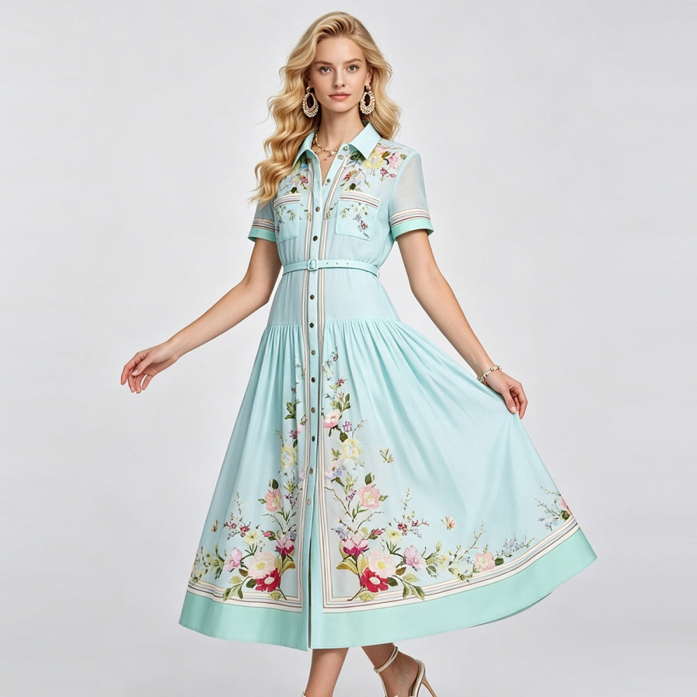 CM-DY072893 Women Elegant European Style Collar Neckline Short Sleeve High Waist A-Line Midi Dress
