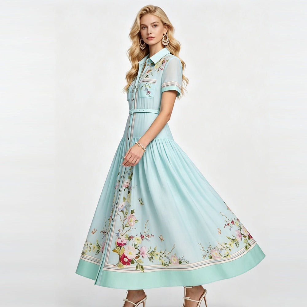 CM-DY072893 Women Elegant European Style Collar Neckline Short Sleeve High Waist A-Line Midi Dress