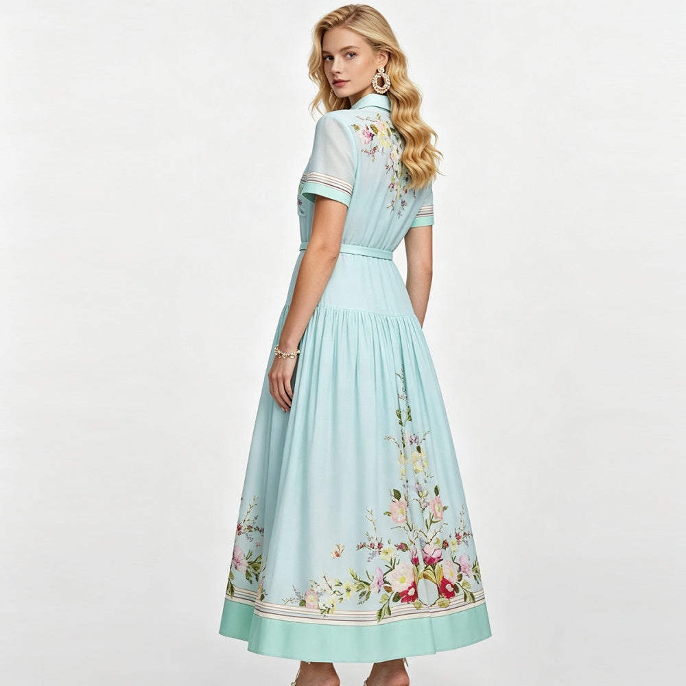 CM-DY072893 Women Elegant European Style Collar Neckline Short Sleeve High Waist A-Line Midi Dress
