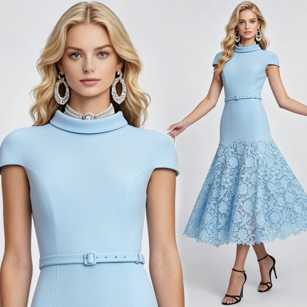 CM-DY072894 Women Elegant European Style Stand Collar Short Sleeve Medium Waist Mermaid Maxi Dress - Blue