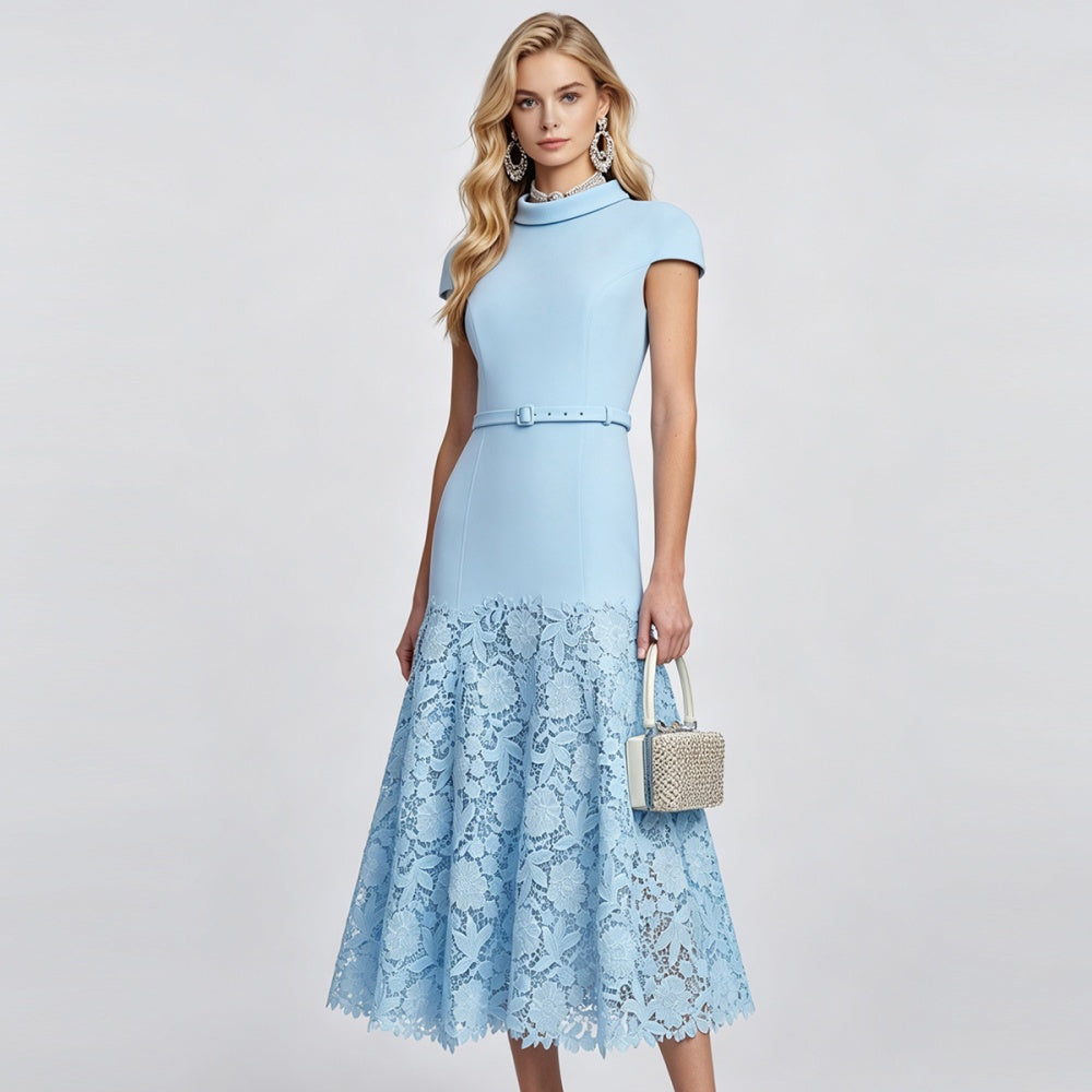 CM-DY072894 Women Elegant European Style Stand Collar Short Sleeve Medium Waist Mermaid Maxi Dress - Blue