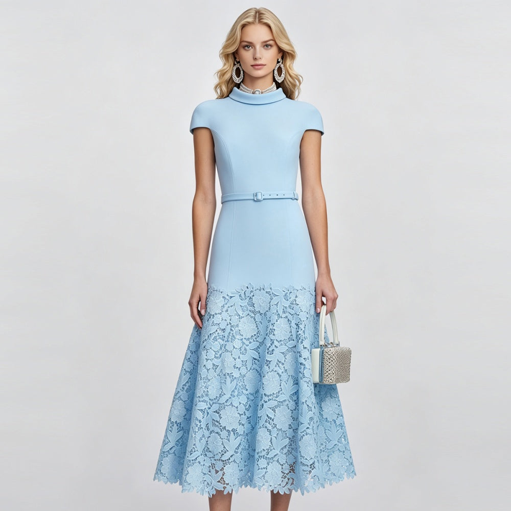 CM-DY072894 Women Elegant European Style Stand Collar Short Sleeve Medium Waist Mermaid Maxi Dress - Blue