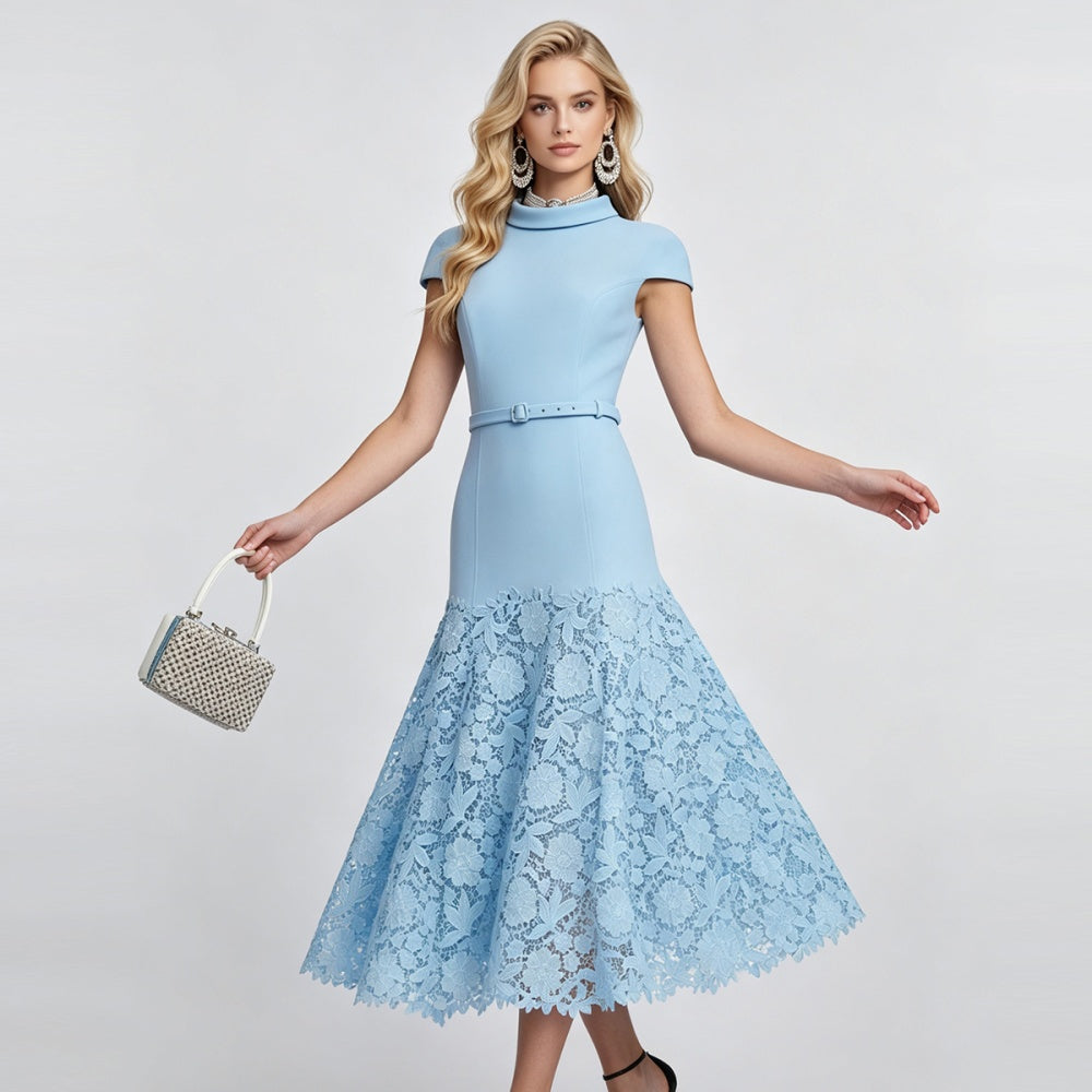 CM-DY072894 Women Elegant European Style Stand Collar Short Sleeve Medium Waist Mermaid Maxi Dress - Blue