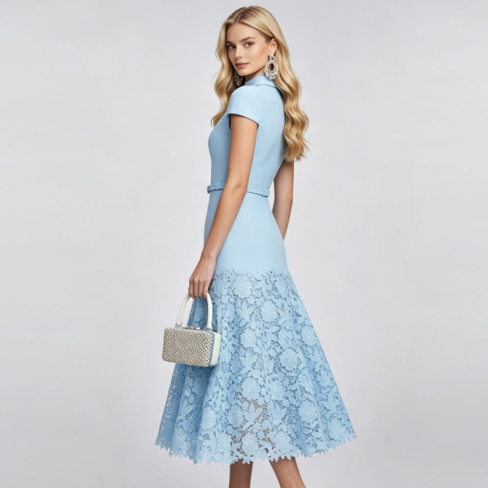 CM-DY072894 Women Elegant European Style Stand Collar Short Sleeve Medium Waist Mermaid Maxi Dress - Blue