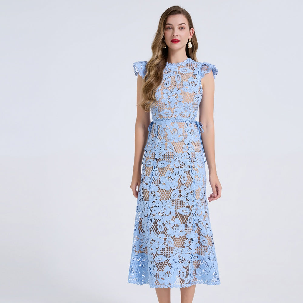 CM-DY072895 Women Elegant European Style Round Neck Boat Sleeve High Waist Hollow Out Midi Dress - Blue