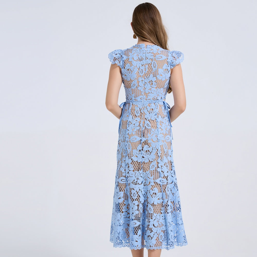 CM-DY072895 Women Elegant European Style Round Neck Boat Sleeve High Waist Hollow Out Midi Dress - Blue