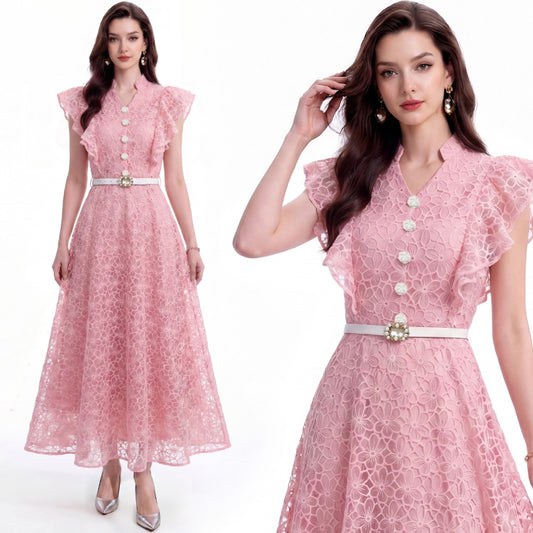 CM-DY072922 Women Elegant European Style Hollow Lace Stand Collar Sleeveless Belted Mid-Length Dress - Pink
