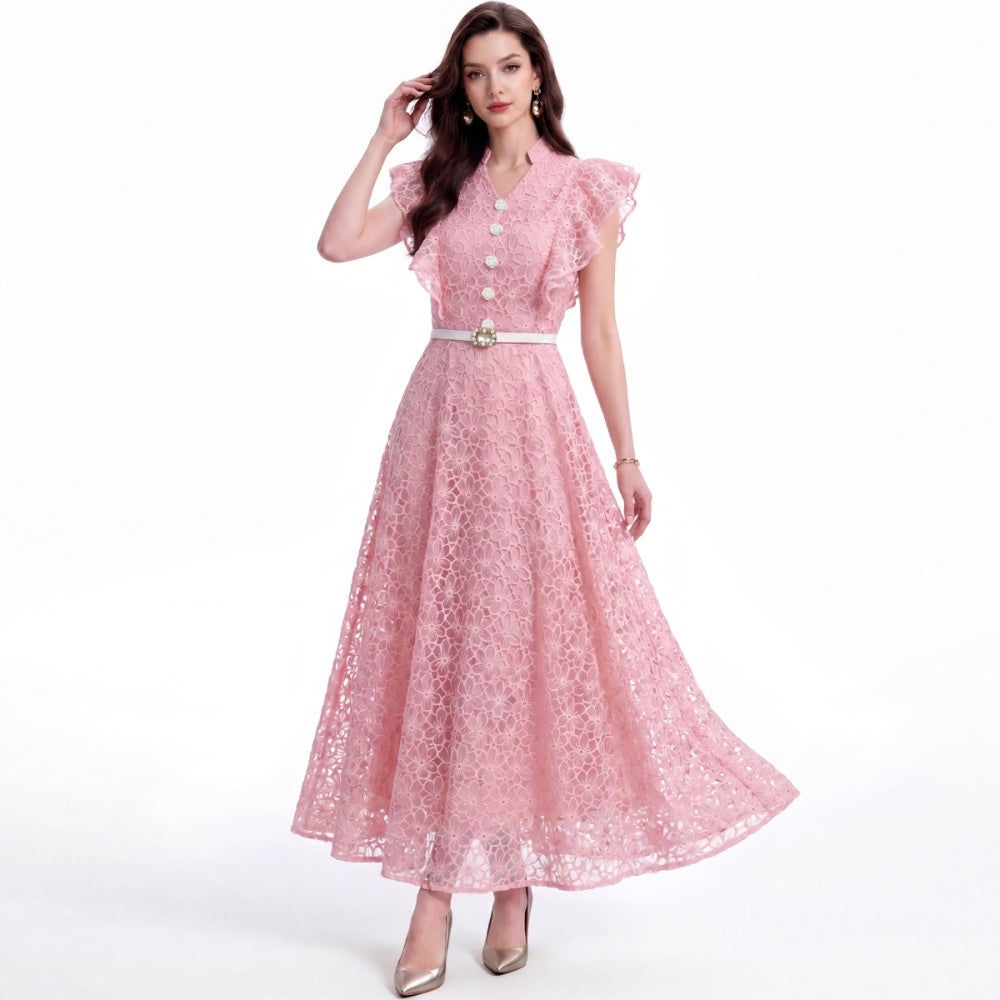 CM-DY072922 Women Elegant European Style Hollow Lace Stand Collar Sleeveless Belted Mid-Length Dress - Pink