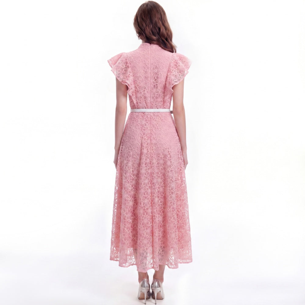 CM-DY072922 Women Elegant European Style Hollow Lace Stand Collar Sleeveless Belted Mid-Length Dress - Pink