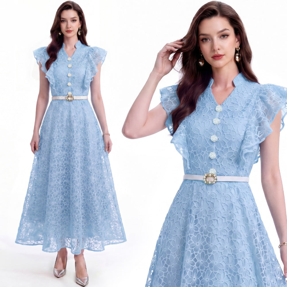 CM-DY072923 Women Elegant European Style Hollow Lace Stand Collar Sleeveless Belted Mid-Length Dress - Blue