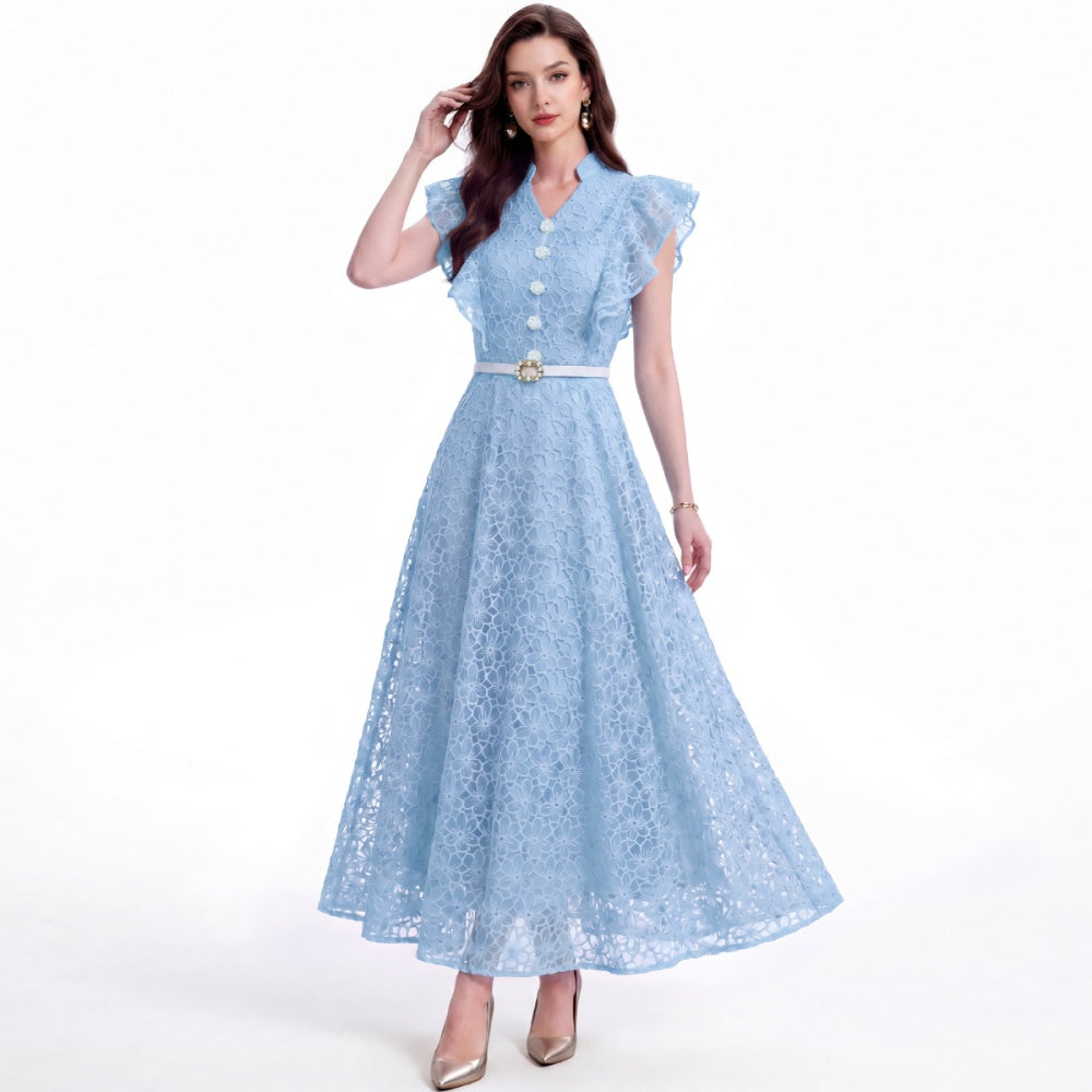 CM-DY072923 Women Elegant European Style Hollow Lace Stand Collar Sleeveless Belted Mid-Length Dress - Blue