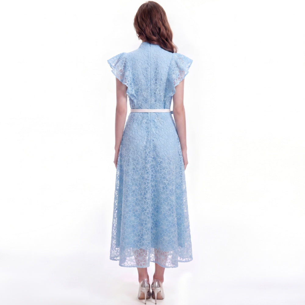 CM-DY072923 Women Elegant European Style Hollow Lace Stand Collar Sleeveless Belted Mid-Length Dress - Blue