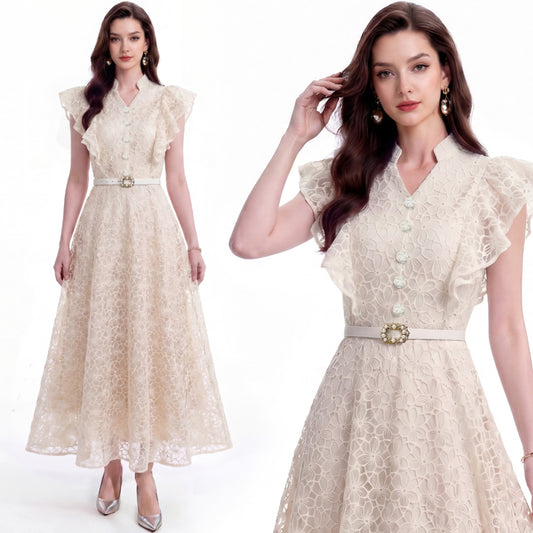 CM-DY072924 Women Elegant European Style Hollow Lace Stand Collar Sleeveless Belted Mid-Length Dress - Apricot
