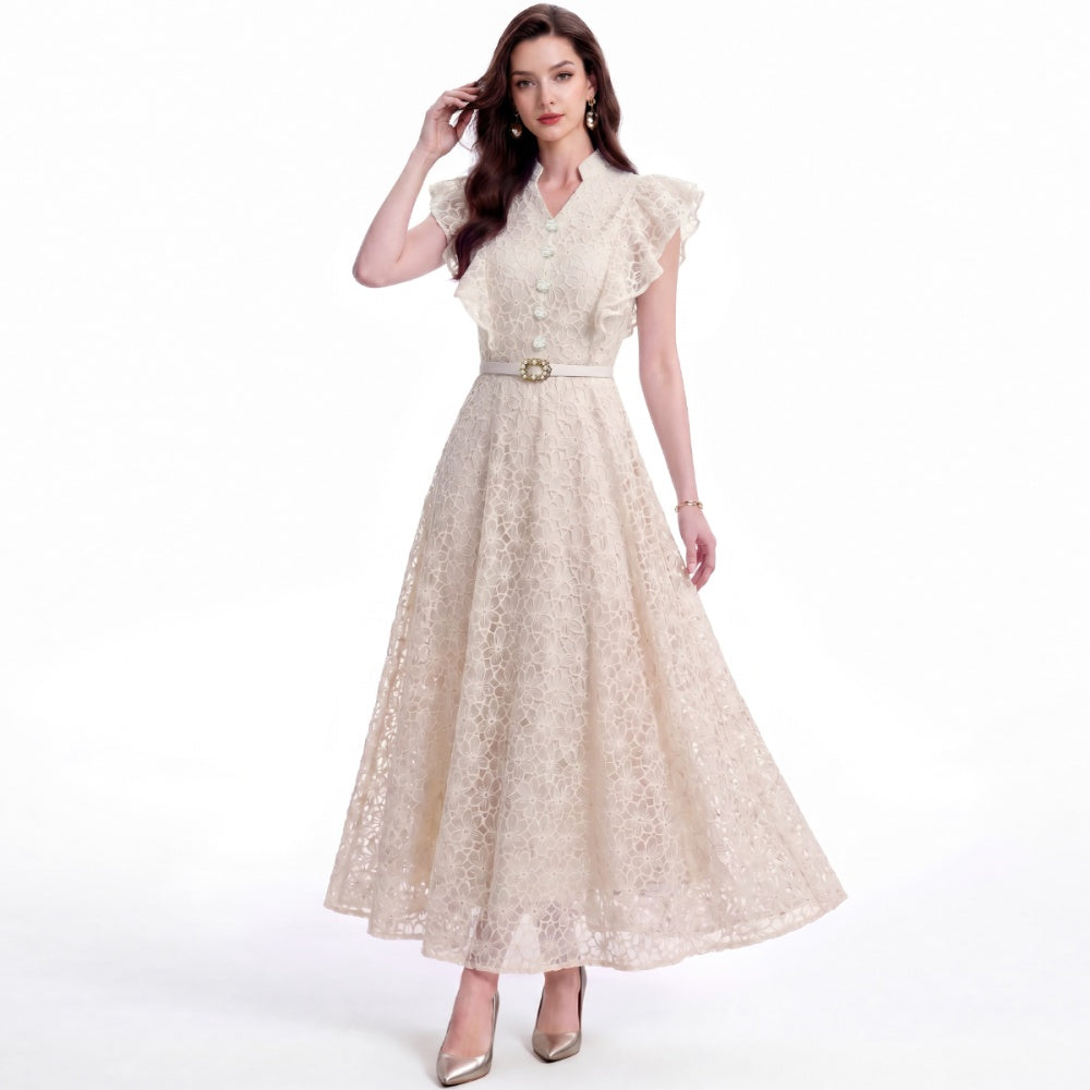 CM-DY072924 Women Elegant European Style Hollow Lace Stand Collar Sleeveless Belted Mid-Length Dress - Apricot