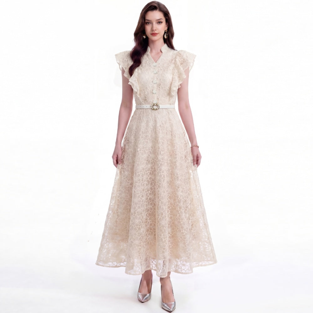 CM-DY072924 Women Elegant European Style Hollow Lace Stand Collar Sleeveless Belted Mid-Length Dress - Apricot