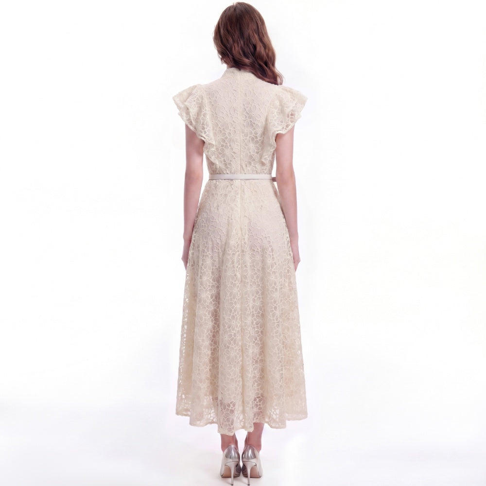 CM-DY072924 Women Elegant European Style Hollow Lace Stand Collar Sleeveless Belted Mid-Length Dress - Apricot